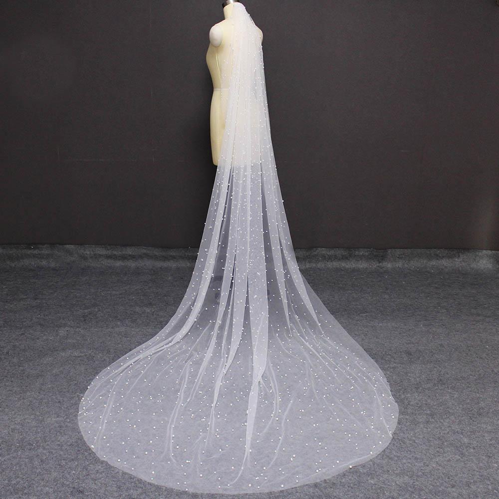 BlissGown Long Face Cover Cathedral 3 Meters Pearl Veil One Layer Bridal Veils White / 100cm