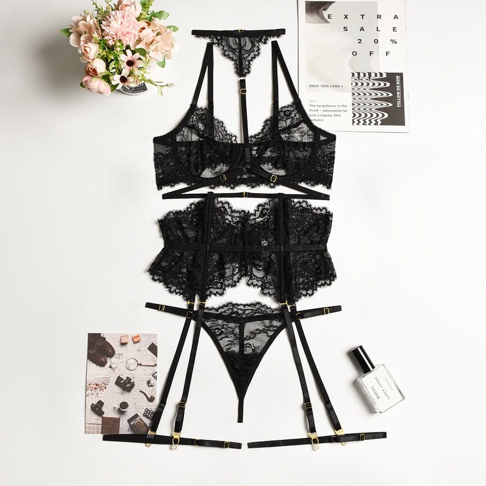 Sexy Lingerie 3-Pieces Lace Suit Sexy Garter Belt Set