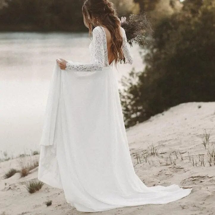 Backless Long Sleeve Boho Bridal Gown - BlissGown