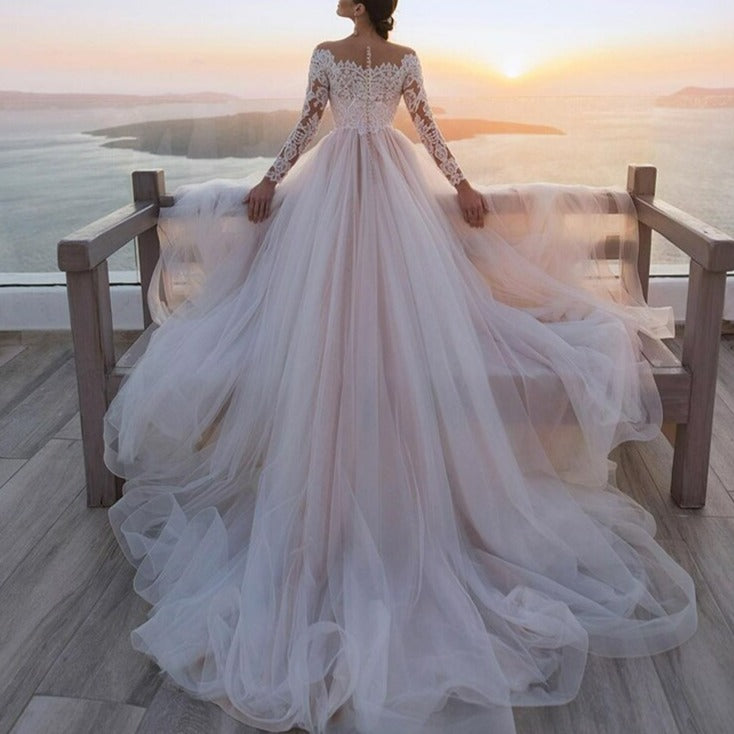 Blush-Toned Long Sleeve Zipper Back Tulle Boho Princess Wedding Gown ...