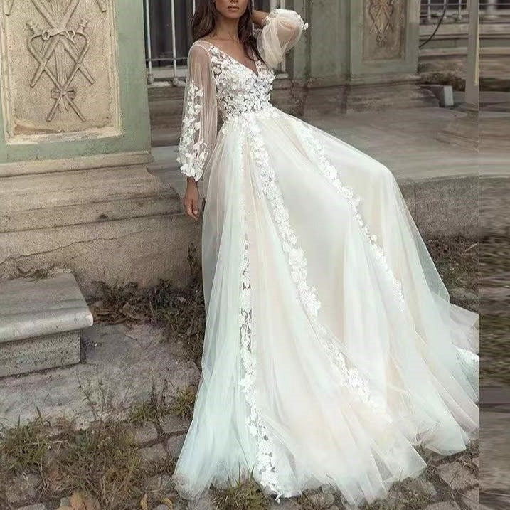 Bohemian Lace Applique Tulle Backless Puff Sleeve Wedding Dress – BlissGown