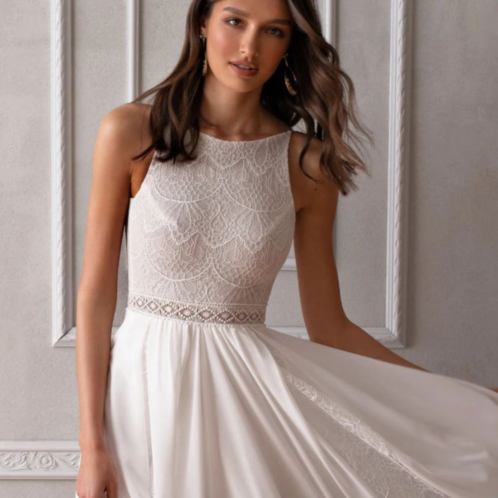 Chic Simple Lace Chiffon Long Wedding Dress – BlissGown