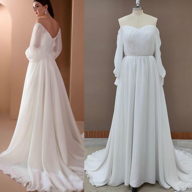 Chiffon Long Sleeves Backless Off-Shoulder Rustic Boho Wedding Dress ...