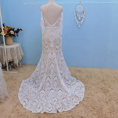 Crochet Lace Detachable Sleeves Spaghetti Straps Open Back Boho Bridal Gown Boho Wedding Dresses BlissGown 