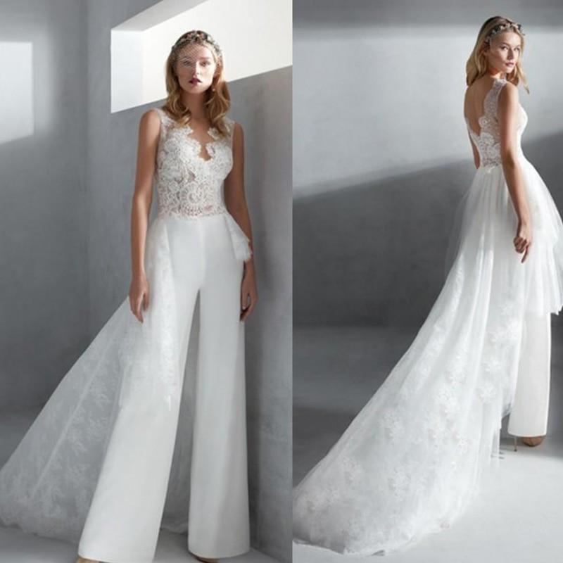 Elegant Overskirts Jumpsuits Sheer Jewel Neck Lace Beach Wedding Dress ...