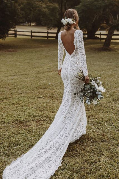 Flexible Long Sleeves Lace Bohemian Open Back Wedding Dress Boho Wedding Dresses BlissGown 