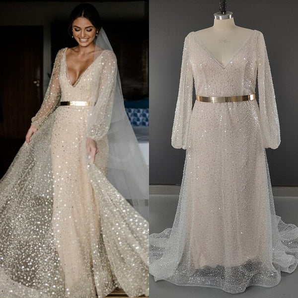 Sparkly Jumpsuit With Detachable Train Bridal Party Gown - BlissGown