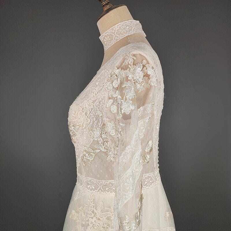Lace Applique Long Sleeves A-Line Rustic Boho Wedding Dress – BlissGown