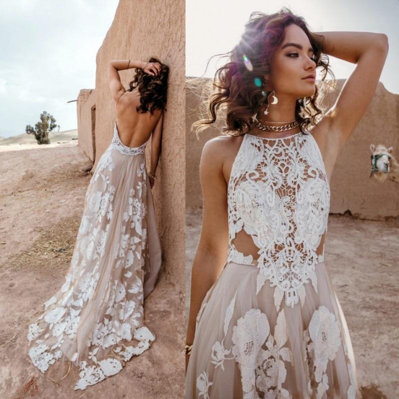 Lace Halter Backless Sexy Open Back Bohemia Wedding Dress Boho Wedding Dresses BlissGown 