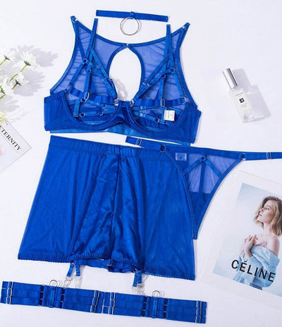 Lingerie 5-Pieces Fancy Underwear Uncensored Transparent Bra Accessories BlissGown Blue S 