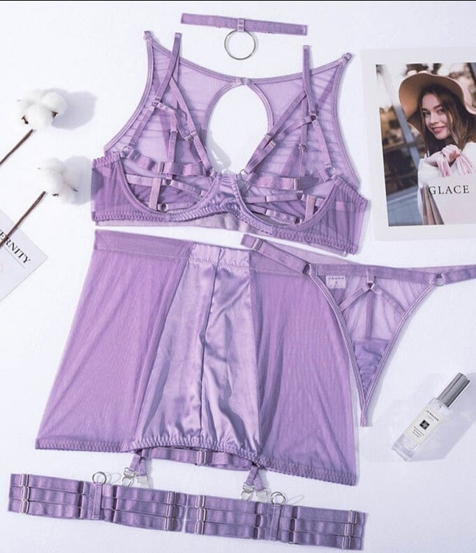 Lingerie 5-Pieces Fancy Underwear Uncensored Transparent Bra Accessories BlissGown Light Purple S 