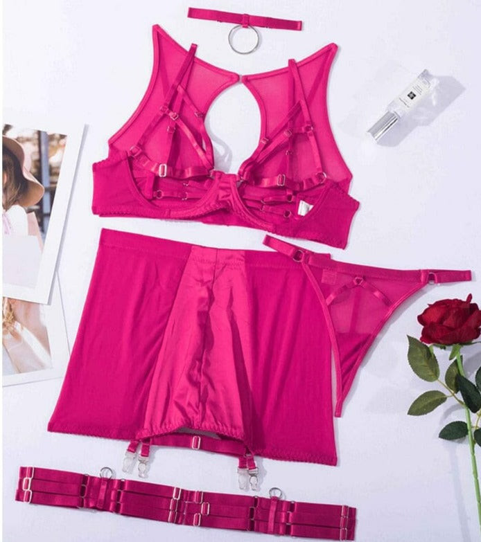 Lingerie 5-Pieces Fancy Underwear Uncensored Transparent Bra Accessories BlissGown Rose S 
