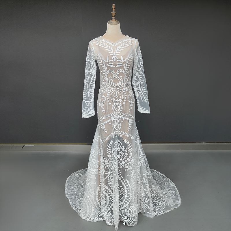 Long Fitted Sleeves V Neck Lace High Split Mermaid Wedding Dress ...
