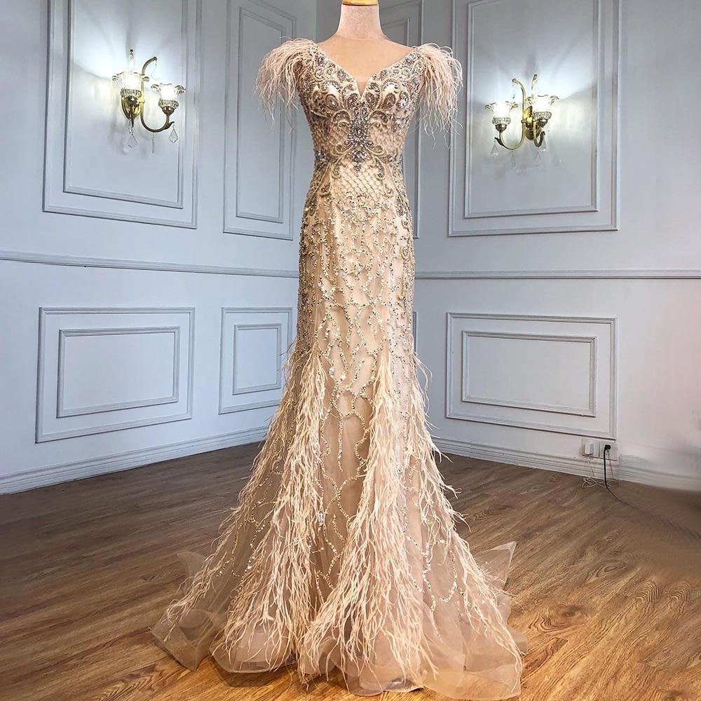 Luxury V-Neck Sexy Diamond Feathers Sleeveless Evening Dress – BlissGown