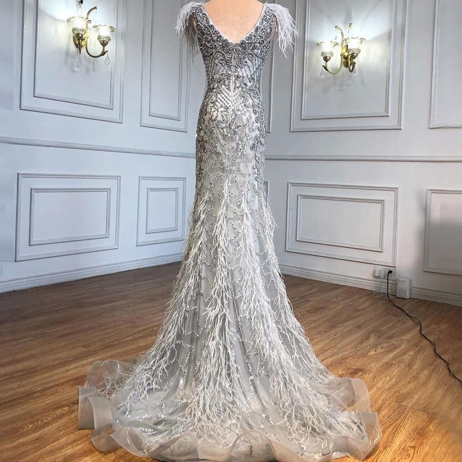 Luxury V-Neck Sexy Diamond Feathers Sleeveless Evening Dress – BlissGown