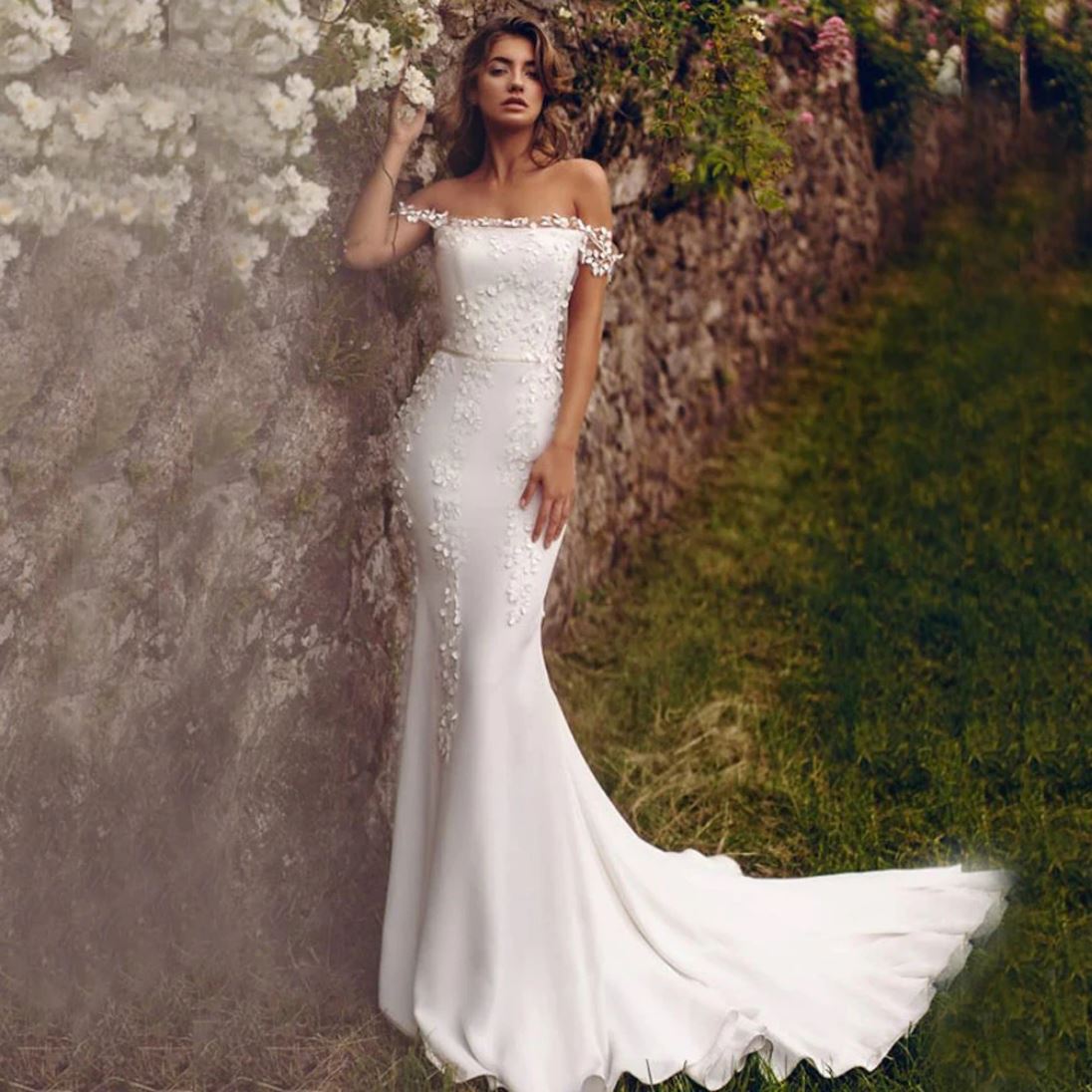 Off Shoulder Boat Neck Appliqued Boho Wedding Dress Boho Wedding Dresses BlissGown 