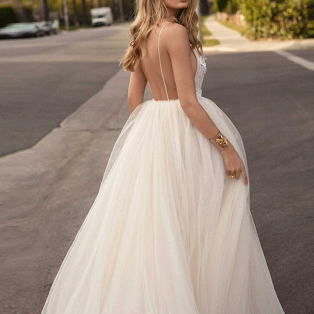 Sexy Deep V-Neck Lace Applique Backless Puffy Bridal Gown Beach Wedding Dresses BlissGown 