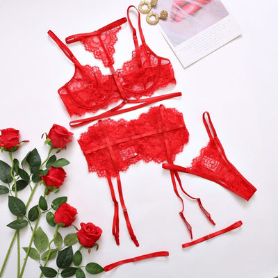 Sexy Lingerie 3-Pieces Lace Suit Sexy Garter Belt Set Accessories BlissGown 