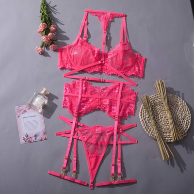 Sexy Lingerie 3-Pieces Lace Suit Sexy Garter Belt Set Accessories BlissGown Neon Pink S 