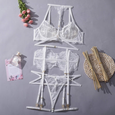 Sexy Lingerie 3-Pieces Lace Suit Sexy Garter Belt Set Accessories BlissGown White S 