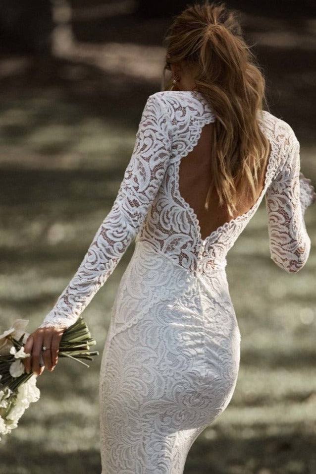 Sexy Stretch Lace Long Sleeve V Neck Boho Mermaid Wedding Dress BlissGown