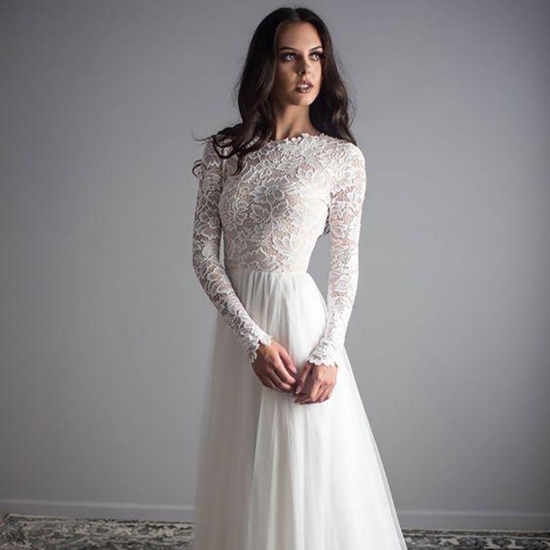 Sretchy Lace Sleeves Elegant Wedding Dress Vintage Wedding Dresses BlissGown 
